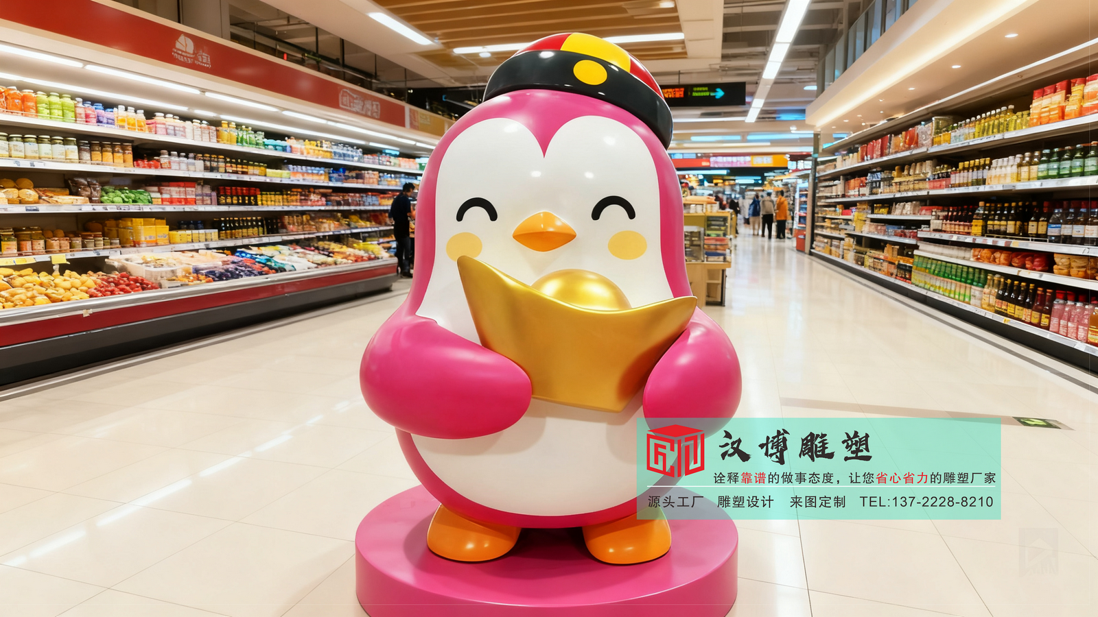 室内展览卡通雕塑,小企鹅彩绘艺术雕塑,超市装饰玻璃钢雕塑定制